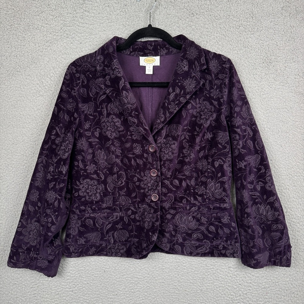 VTG Talbots‎ Jacket Womens 12 Petite Purple Floral Blazer Velvet Office Business